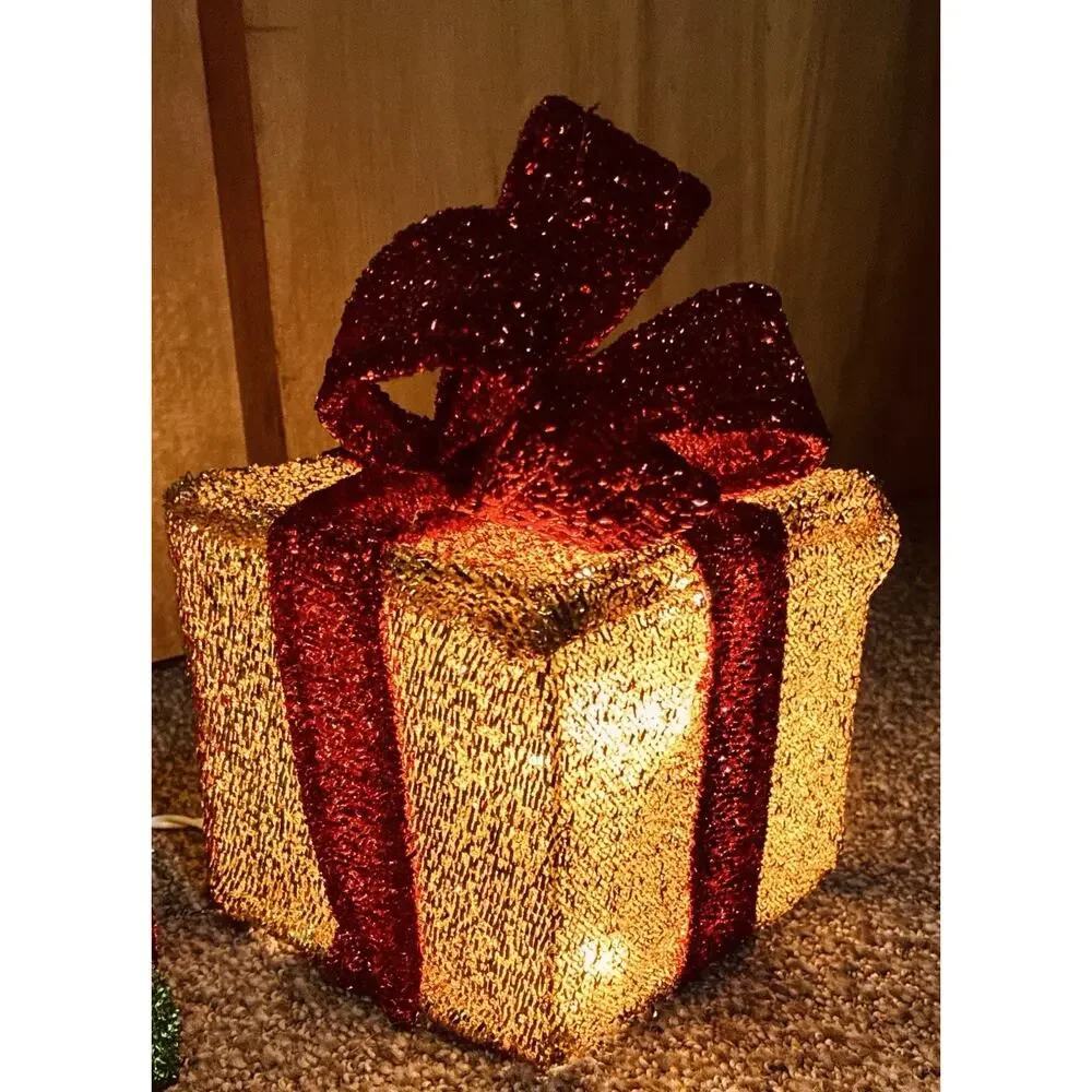 Three Mesh Collapsible Lighted Top Bows Wrapped Gifts Red, Grn Gold Christmas